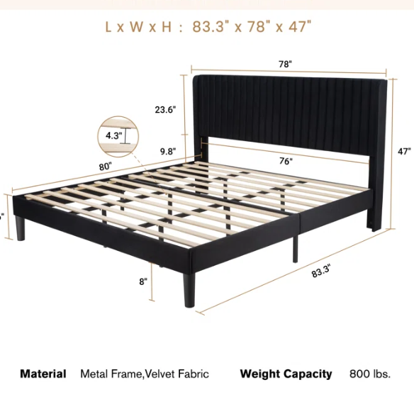 King Size Upholstered Platform Bed with Wingback Headboard – Simple, Elegant Design, Sturdy Wooden Slats, No Box Spring Needed for a Luxurious Sleep Experience