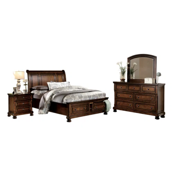 Transitional 3-Piece Queen Platform Bedroom Set with Hidden Storage – Includes Nightstand, Dresser, and Bed with Traditional Bun Feet and Rich Medium Brown Finish