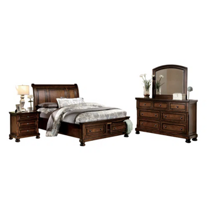 Transitional 3-Piece Queen Platform Bedroom Set with Hidden Storage – Includes Nightstand, Dresser, and Bed with Traditional Bun Feet and Rich Medium Brown Finish