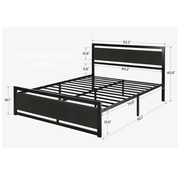 Queen Size Wood and Black Metal Frame Bed with Headboard – Modern Design with Rustic Distressed Wood Accents
