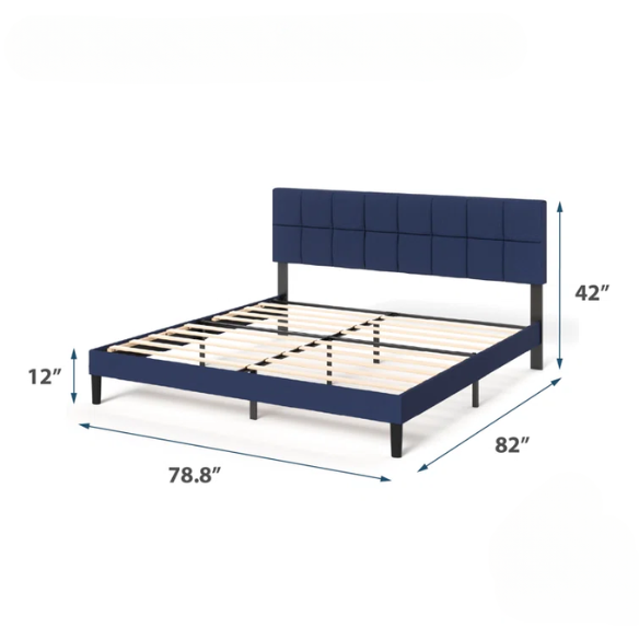 Modern King Size Upholstered Low Profile Platform Bed – Square-Tufted Headboard, Durable Steel Frame