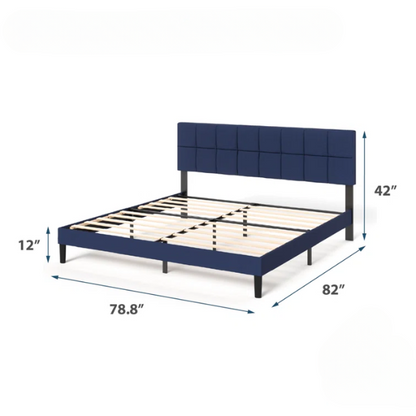 Modern King Size Upholstered Low Profile Platform Bed – Square-Tufted Headboard, Durable Steel Frame