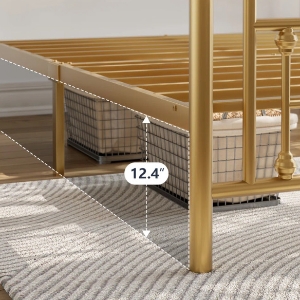 Elegant Metal Open-Frame Platform Bed with Quatrefoil Design and Classic Finial Posts – Timeless French Country Style with Under-Bed Storage