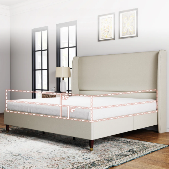 King Size Upholstered Platform Bed with Wingback Design, Foam-Padded Linen Headboard, and Steel Reinforced Frame
