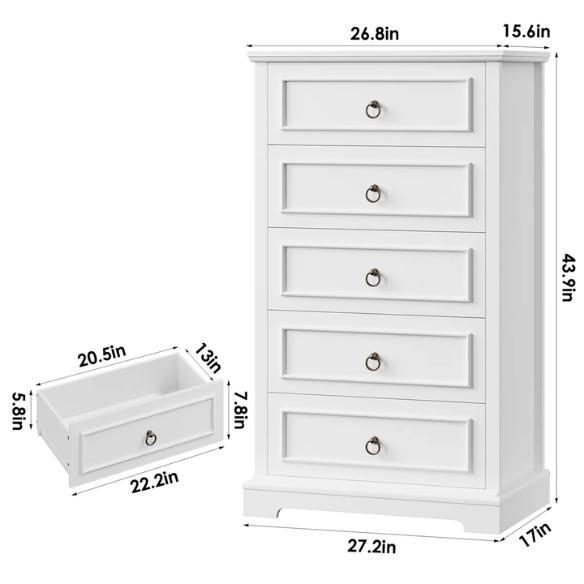 French Country-Inspired 5-Drawer Chest with Metal Ring Handles, Paneled Detailing, and Classic Crown Molding