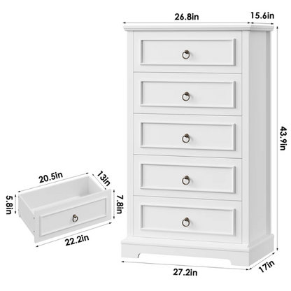French Country-Inspired 5-Drawer Chest with Metal Ring Handles, Paneled Detailing, and Classic Crown Molding