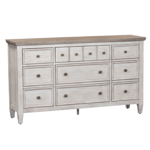 Transform Your Farmhouse Bedroom with the Queen Panel Bed, Dresser, Mirror, and Chest Set – Featuring Rustic Charm and Elegant Storage
