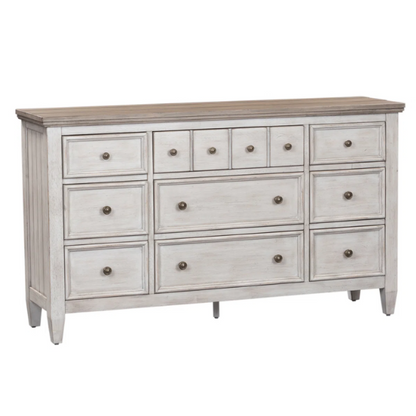 Transform Your Farmhouse Bedroom with the Queen Panel Bed, Dresser, Mirror, and Chest Set – Featuring Rustic Charm and Elegant Storage
