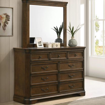Classic Traditional Wood Queen Panel Bed with Dresser, Mirror, and Two Nightstands in Antique Walnut Finish