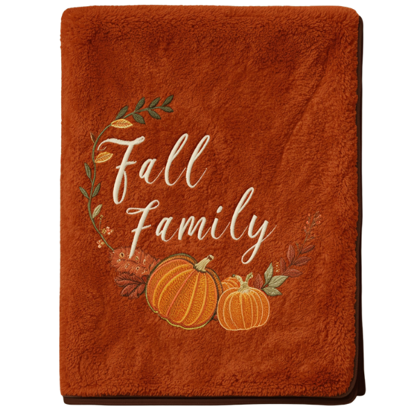 Bottom Right Cornered Embroidered Fall Family Pumpkin Plush Blanket