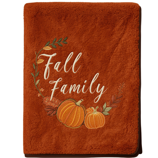 Bottom Right Cornered Embroidered Fall Family Pumpkin Plush Blanket