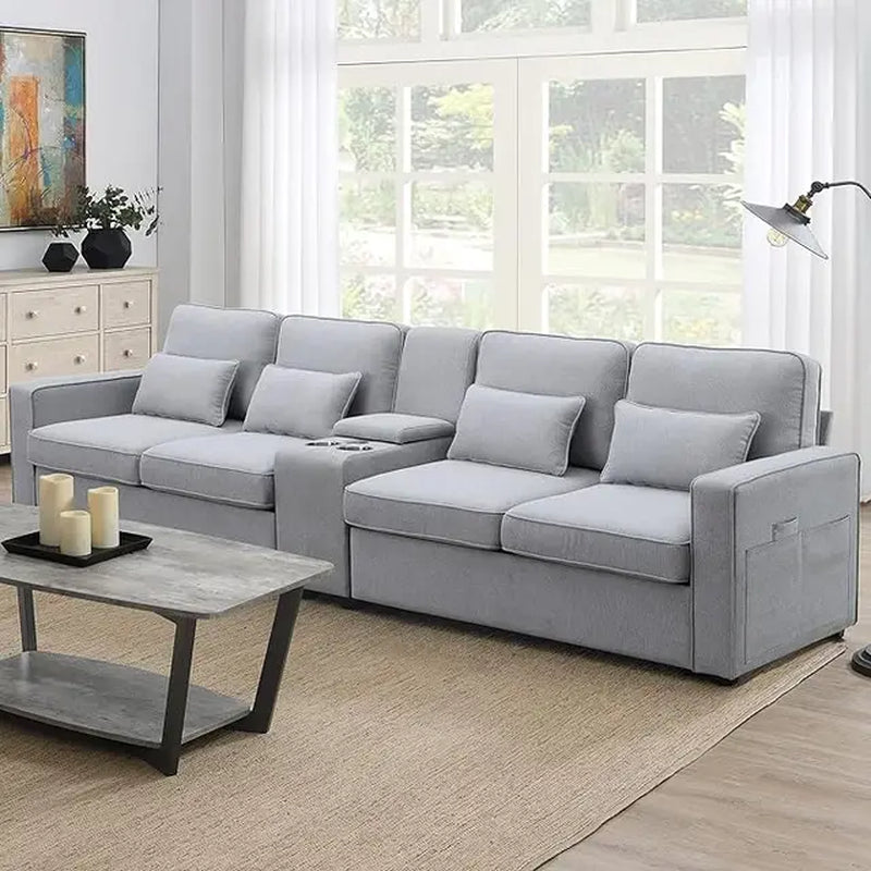 Upholstered Sectional Sofa with Console, Holders and USB Ports & Wirelessly Charged, for Living Room, Apartment,Office,114.2Inch