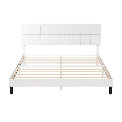 Modern King Size Upholstered Low Profile Platform Bed – Square-Tufted Headboard, Durable Steel Frame