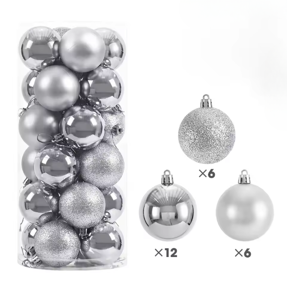 Silver Christmas Ball Ornaments – 24-Piece Set, Shatterproof Holiday Decorations (Available in 3 cm, 4 cm, and 6 cm)