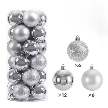 Silver Christmas Ball Ornaments – 24-Piece Set, Shatterproof Holiday Decorations (Available in 3 cm, 4 cm, and 6 cm)