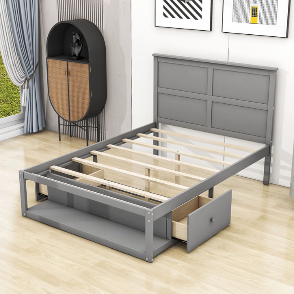 Gray Wooden Full Size Platform Bed with Headboard, 2 Drawers & Built-In Shelf – Stylish Storage & Functional Design
