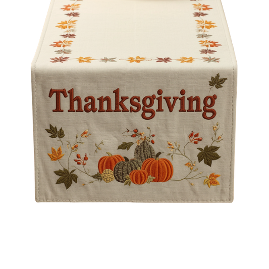 Embroidered Cream Thanksgiving Table Runner with Autumn Leaves and Pumpkins