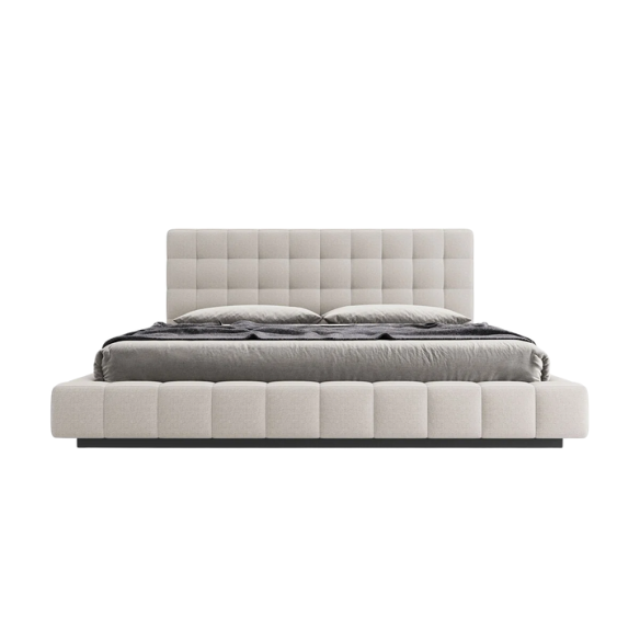 Upholstered Platform Bed with Square-Tufted Headboard, Basketweave Design, and Solid Eucalyptus Wood Frame – No Box Spring Needed