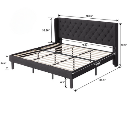 Luxurious King Size Upholstered Wingback Platform Bed with Button-Tufted Linen Fabric – Sturdy Wood Frame, High-Density Foam, and Ample Under-Bed Storage for a Stylish, Safe, and Comfortable Bedroom
