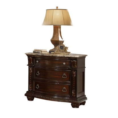 Classic Elegance 5-Piece Queen Bedroom Set in Dark Walnut with Button-Tufted Headboard, Marble-Topped Nightstand, 11-Drawer Dresser, Beveled Mirror, and Storage Chest