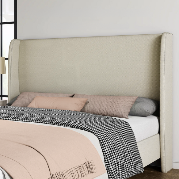 King Size Upholstered Platform Bed with Wingback Design, Foam-Padded Linen Headboard, and Steel Reinforced Frame