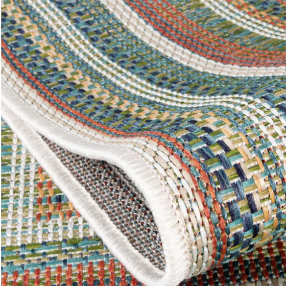 Coastal-Inspired Geometric Rug – Fade & Stain-Resistant, Green & Orange Pattern, Ideal for Indoor/Outdoor Use