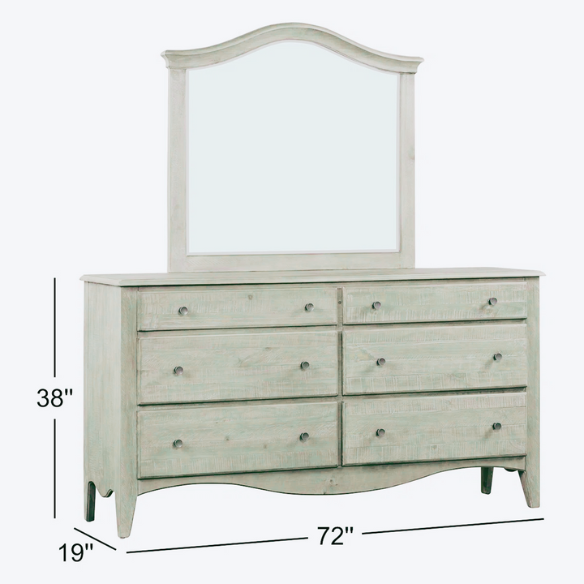 Rustic Charm Meets Chic Elegance: Solid Wood Platform King Size Bedroom Set with Scalloped Edges, Weathered White Wash Finish, Unique Grain Patterns, Angled Feet, and Oil-Rubbed Bronze Drawer Pulls