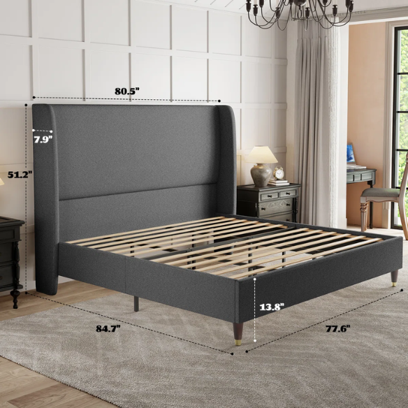 King Size Upholstered Platform Bed with Wingback Design, Foam-Padded Linen Headboard, and Steel Reinforced Frame