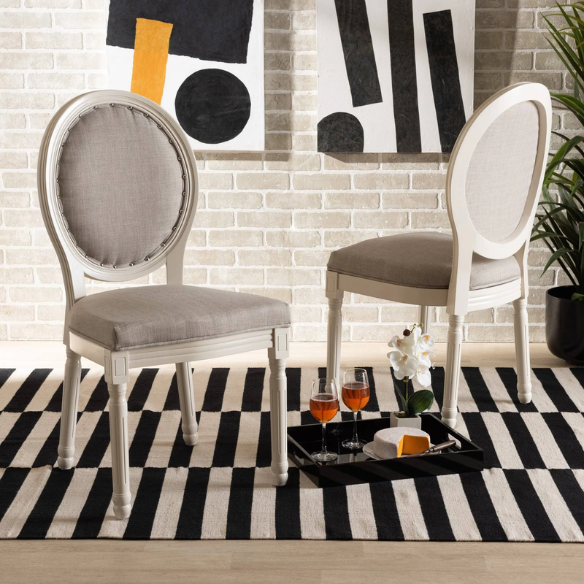 Upholstered Faux Leather Nailhead Dining Chair with Carved Wood Legs – Gray and White