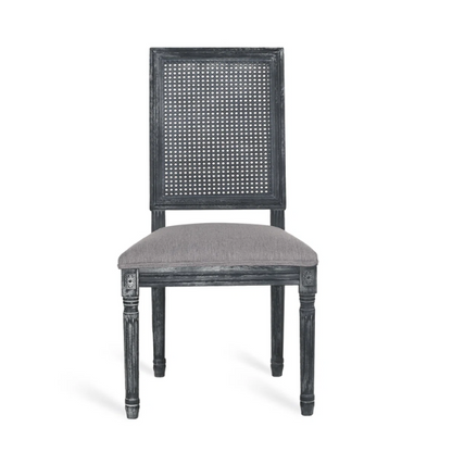 French Country Wood and Cane Upholstered Dining Chairs – Weathered Rubberwood Frame with Fluted Legs & Rectangular Cane Backrest
