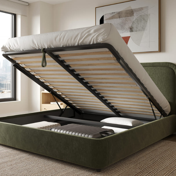 Premium Upholstered Aurora Lift-Up Storage Bed with Elegant Boucle Performance Fabric, Plush Foam-Padded Headboard, and Spacious Under-Bed Storage for a Clutter-Free Bedroom