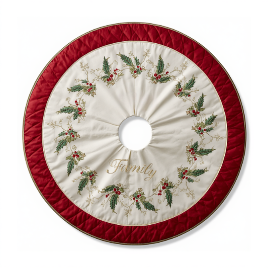 Embroidered Holly & Berry Off-White Christmas Tree Skirt with Deep Red Quilted Border