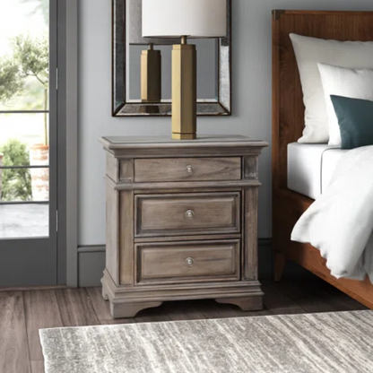 3-Piece Rustic Upholstered Panel Queen Bedroom Set in Driftwood Grey or Rustic Ivory – Includes Nightstand, Double Dresser with Mirror, and Button-Tufted Bed with Nailhead Trim