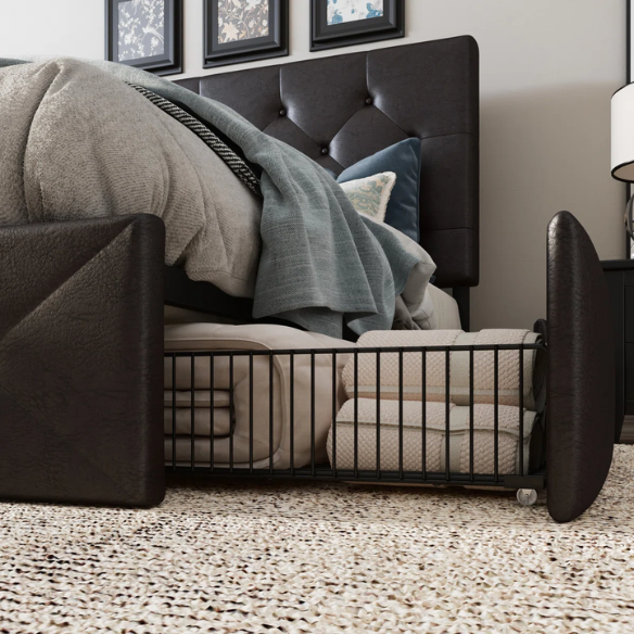 Queen Size Upholstered Platform Storage Bed with Tufted Button Accent Design