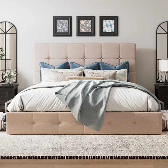King Size Upholstered Platform Bed with Storage Drawers, Padded Headboard, and Sophisticated Button Tufting