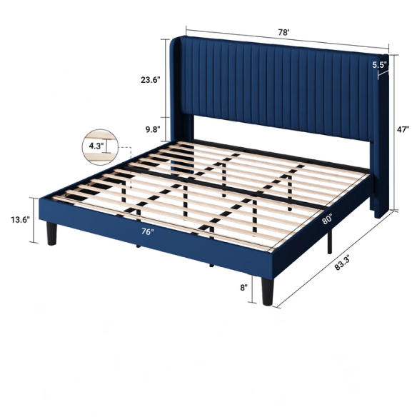 Luxurious King Size Upholstered Velvet Platform Bed with Modern Wingback Headboard – Heavy-Duty Steel Frame, No Box Spring Needed, and Ample Under-Bed Storage