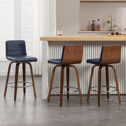 Mid-Century Modern Faux Leather Swivel Counter/Bar Stools – 360° Swivel, Padded PU Leather Seat & Back, Durable Bentwood Legs, Metal Footrest, Supports Up to 440lbs for Home Bar or Kitchen