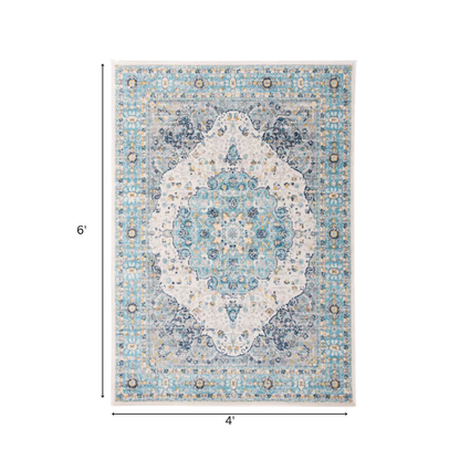 Distressed Oriental-Inspired Indoor Rug – Blue, Yellow & Cream Medallion Pattern, Stain-Resistant, Fade-Resistant, Perfect for Traditional & French Country Décor