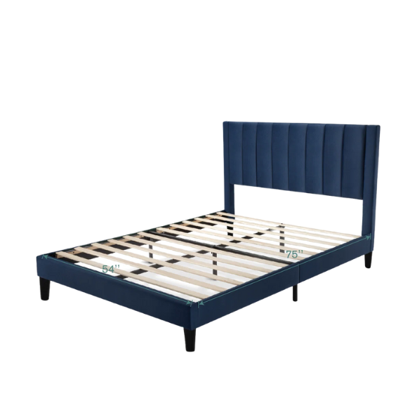 Luxurious Upholstered Platform Bed – Full/Double Size with Velvet Upholstery and Striped Headboard for Elegant Comfort