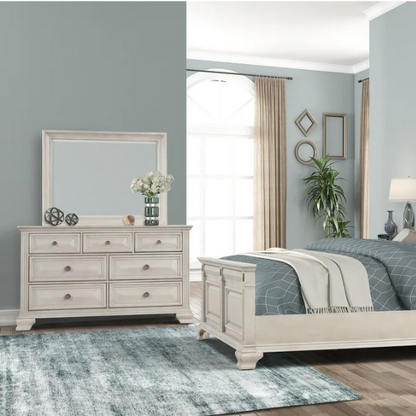 Distressed Parchment Wood Queen Bedroom Set – Elegant Silver Accents, Fluted Pilasters, and Beveled Drawer Fronts for Timeless Charm