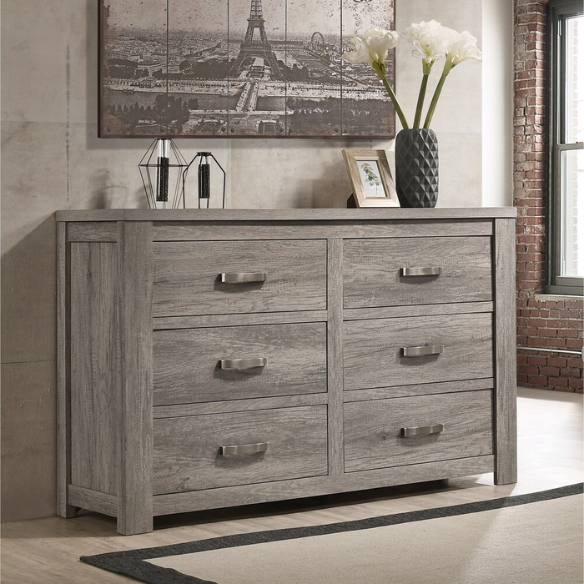 Contemporary Style Weathered Gray Wood 4-Piece Bedroom Set with Panel Bed, Dresser, Mirror, and Nightstand