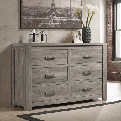 Contemporary Style Weathered Gray Wood 4-Piece Bedroom Set with Panel Bed, Dresser, Mirror, and Nightstand