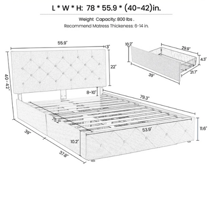 Button Tufted Upholstered Platform Storage Bed – Full Double Size with Spacious Drawers