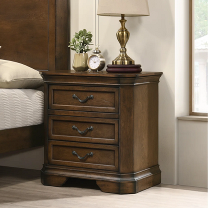 Classic Traditional Wood Queen Panel Bed with Dresser, Mirror, and Two Nightstands in Antique Walnut Finish