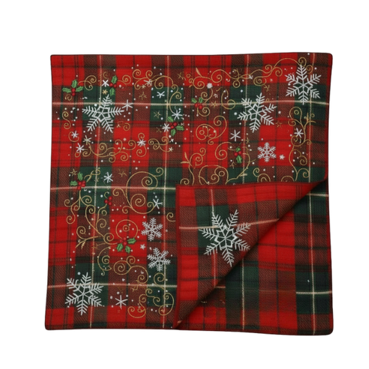 Red and Green Plaid Embroidered Blanket with Snowflakes and Gold Swirls