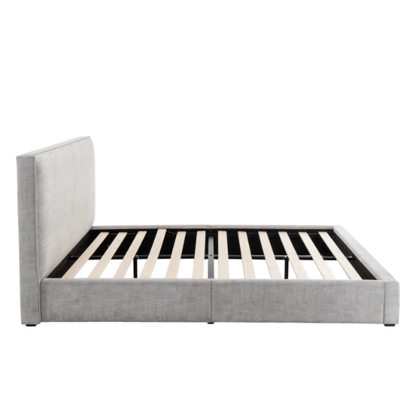 Elegant Grey Queen Size Upholstered Bed with Soft Bouclé Polyester Fabric – Modern and Stylish