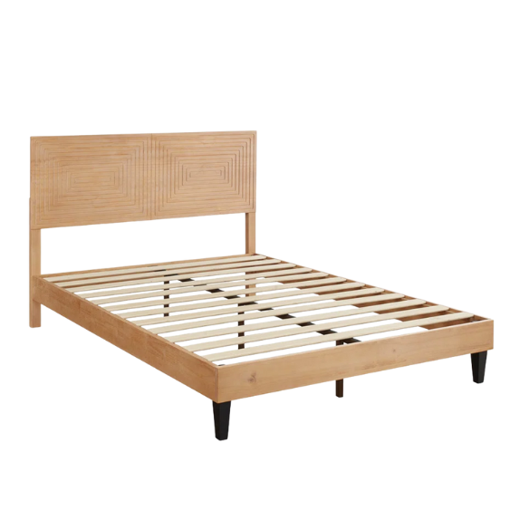 Mid-Century Modern King Size Solid Wood Platform Bed with Adjustable Height Headboard – Stylish Streamlined Design for a Contemporary Bedroom Look