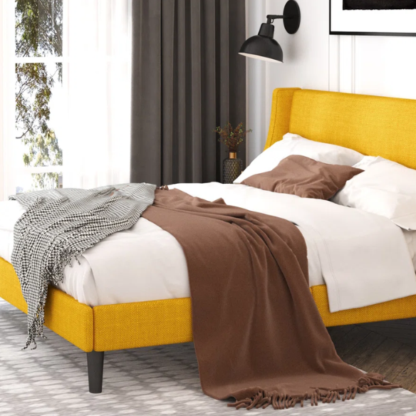 Luxurious King Size Upholstered Platform Bed with Deluxe Wingback Headboard – Soft Velvet and Linen Blend Upholstery, Sturdy Solid Wood Frame, and Modern Minimalist Design for Ultimate Comfort
