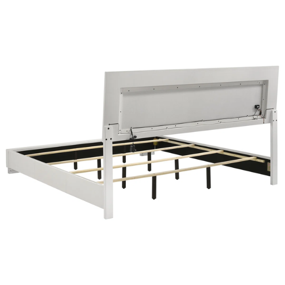 Modern 4-Piece Queen Bedroom Set in White High Gloss with LED Lighting, Touch-Activated Headboard, and Sleek Chrome Accents