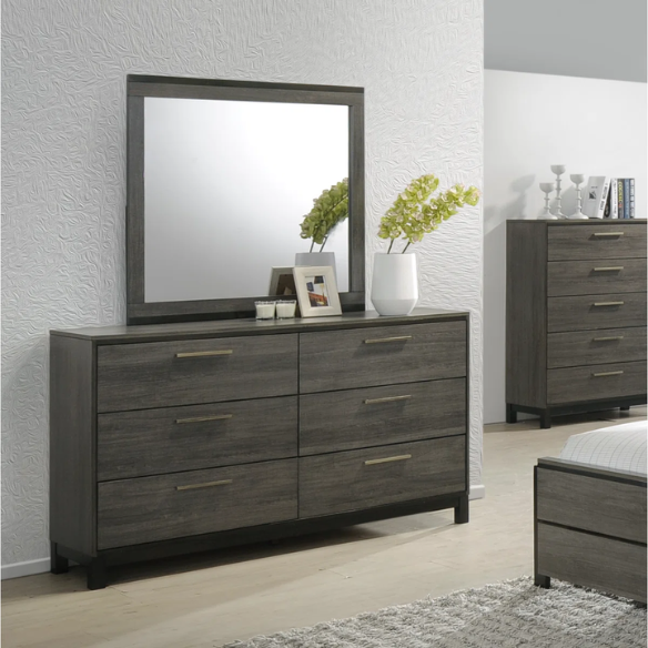Contemporary 5-Piece Queen Bedroom Set with Solid Black and Weathered Gray Finish – Includes Bed, Dresser, Mirror, and Nightstands